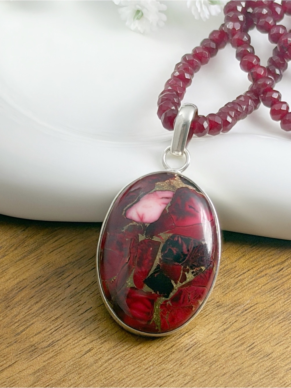 Sterling Silver 925 Red Rose Dahlia Kingman Turquoise Pendant Garnet Necklace